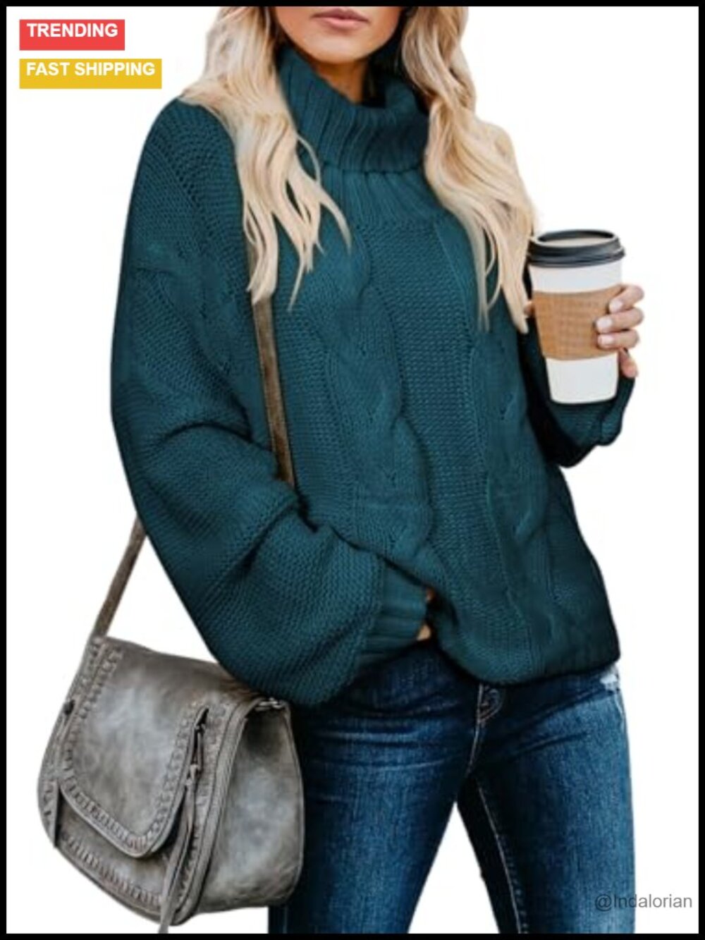 Chunky Cable Knit Turtleneck Pullover Sweater Batwing Sleeve